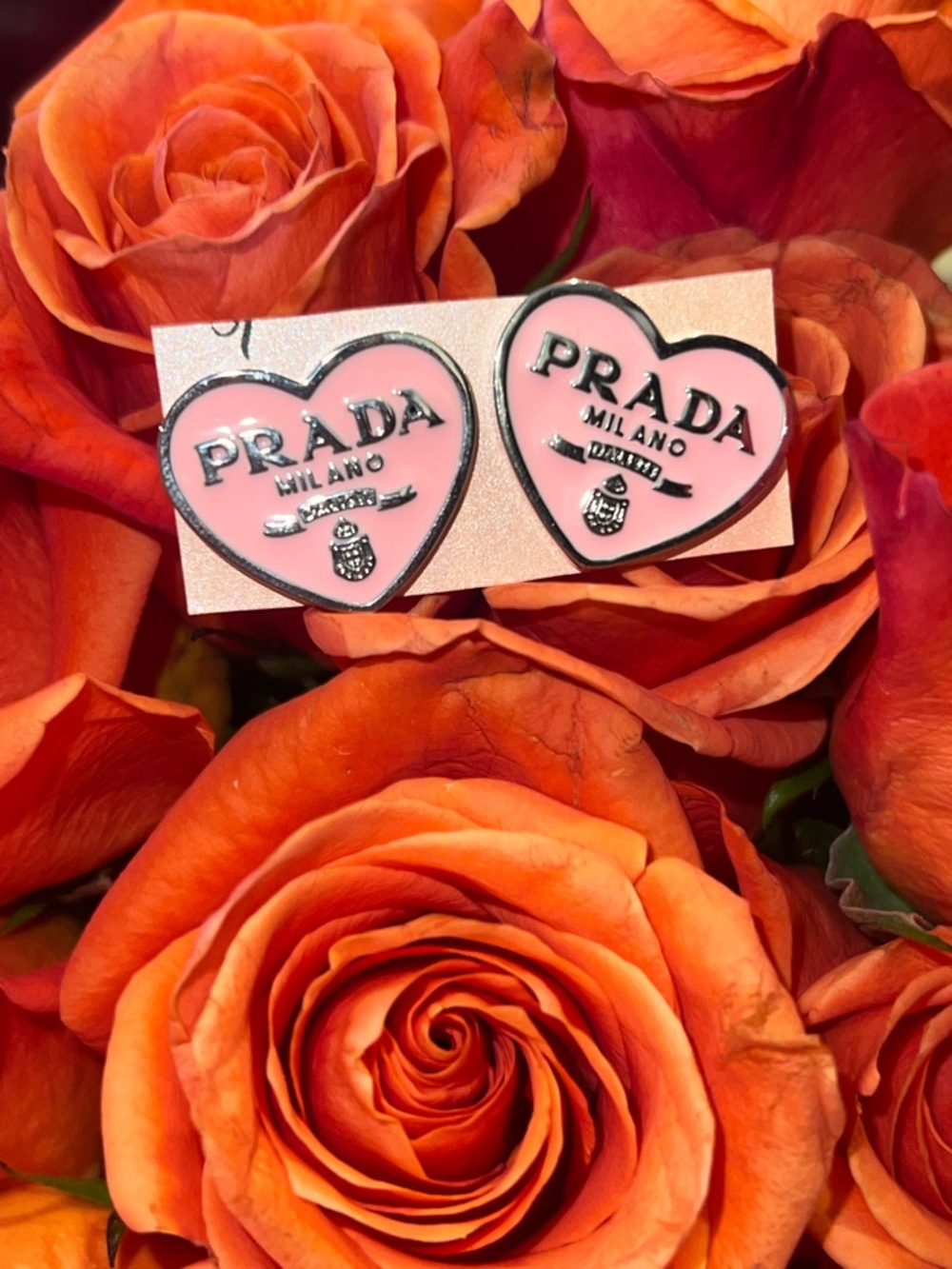 Prada Pink Heart Logo Stud Earrings